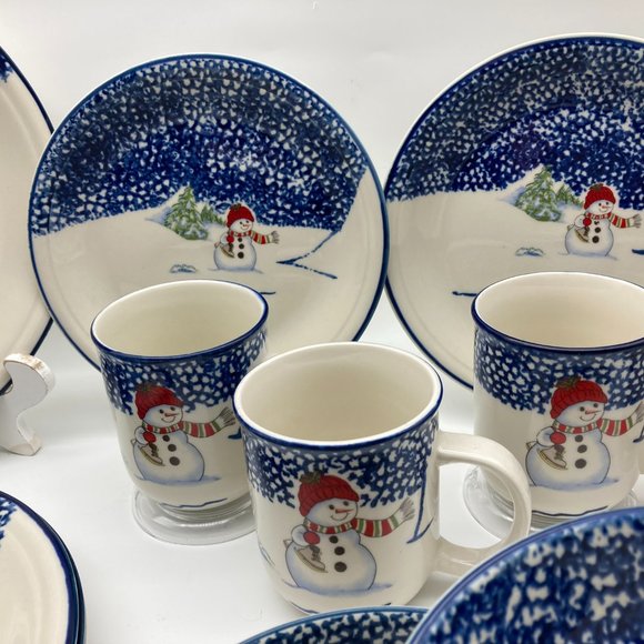 VTG 18 pcs Thomson Pottery Snowman Christmas Spongeware Dinnerware & Drinkware - Picture 4 of 14
